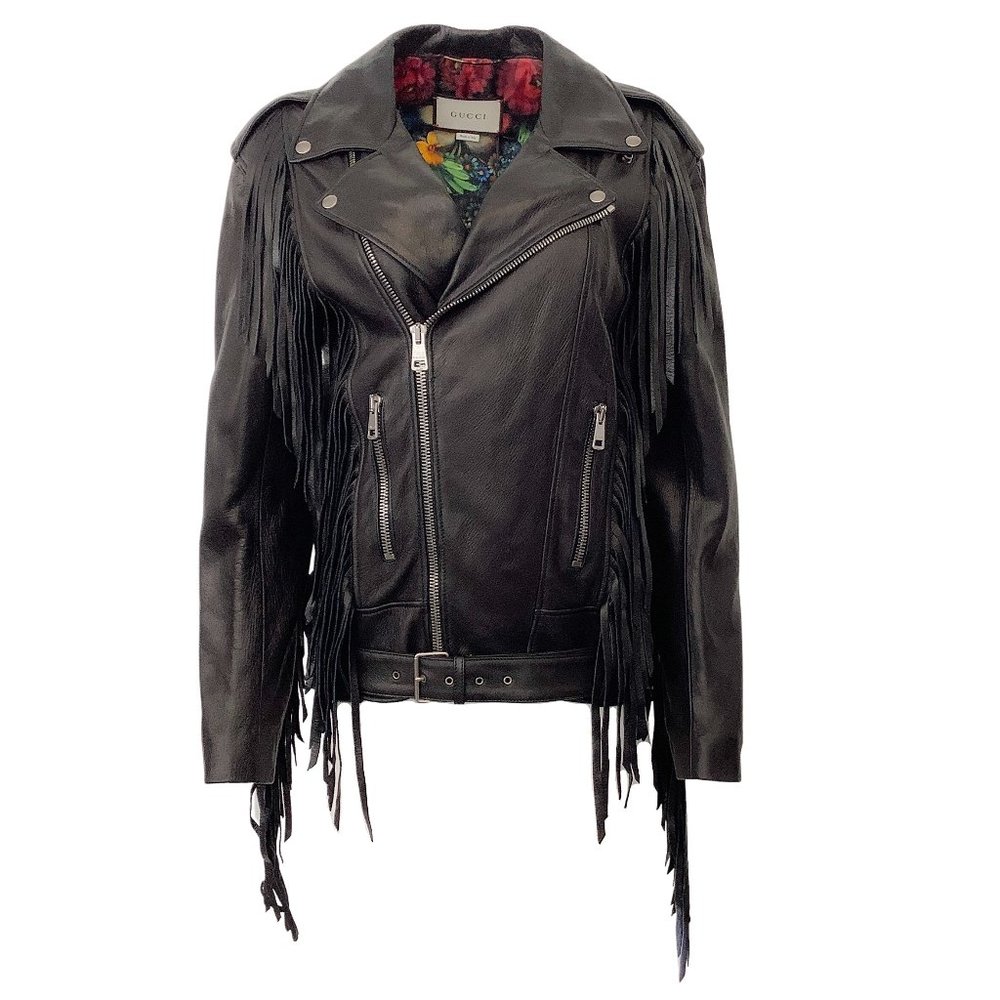 Gucci Black Leather Fringed Biker Jacket